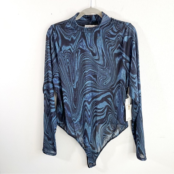 Good American Bodysuit Blue Black Ink Swirl Mesh Mock Neck Bodysuit Sz 2X(5) NWT - Picture 1 of 15
